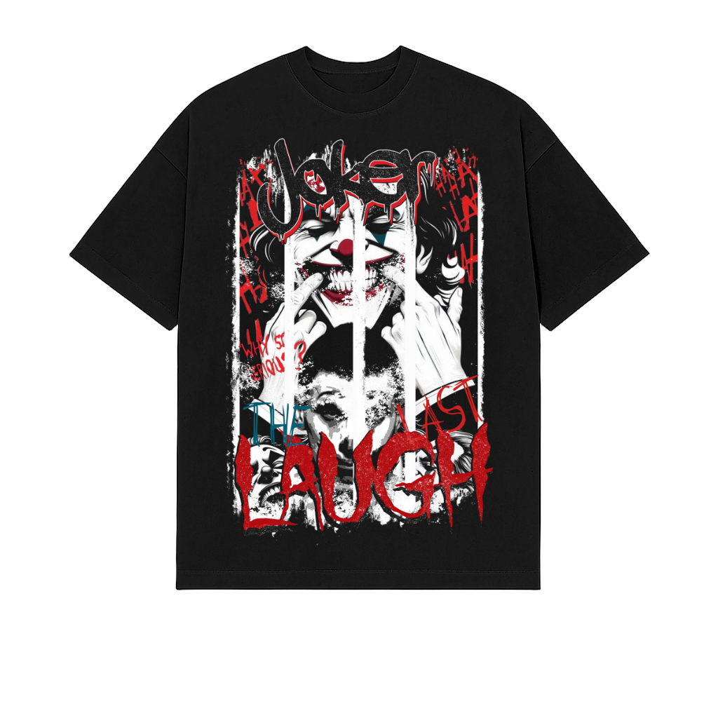 Black t-shirt with graphic design featuring a clown and text on a white background