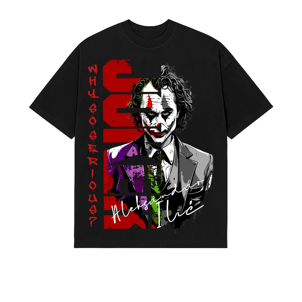 Black t-shirt with Joker graphic and text on a white background