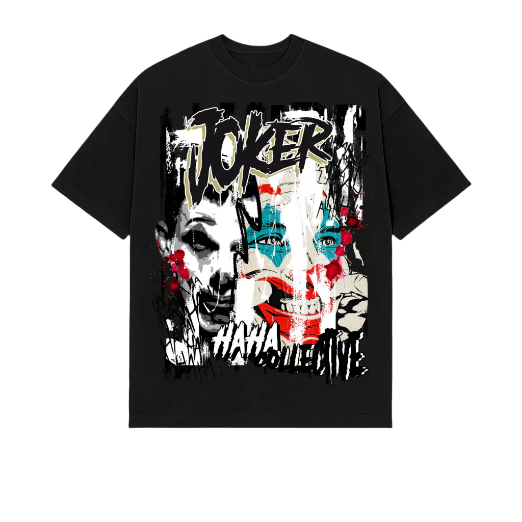 Black t-shirt with graphic design featuring Joker on a white background
